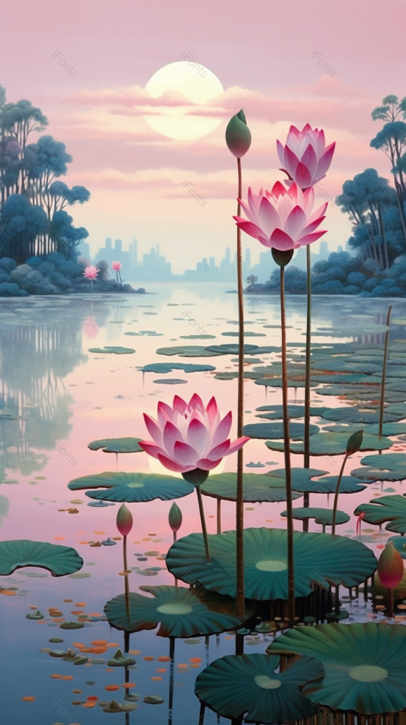 日落夏天夏至荷花盛开开花荷叶植物水面户外景色自然插画,插画/手绘图,插画/手绘图库,插画/手绘图下载,插画/手绘